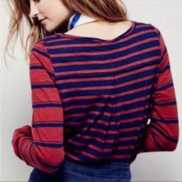 We the Free Burnt Red Blue Mix It Stripe Tee Women Small Long Sleeves Distressed - Picture 2 of 10